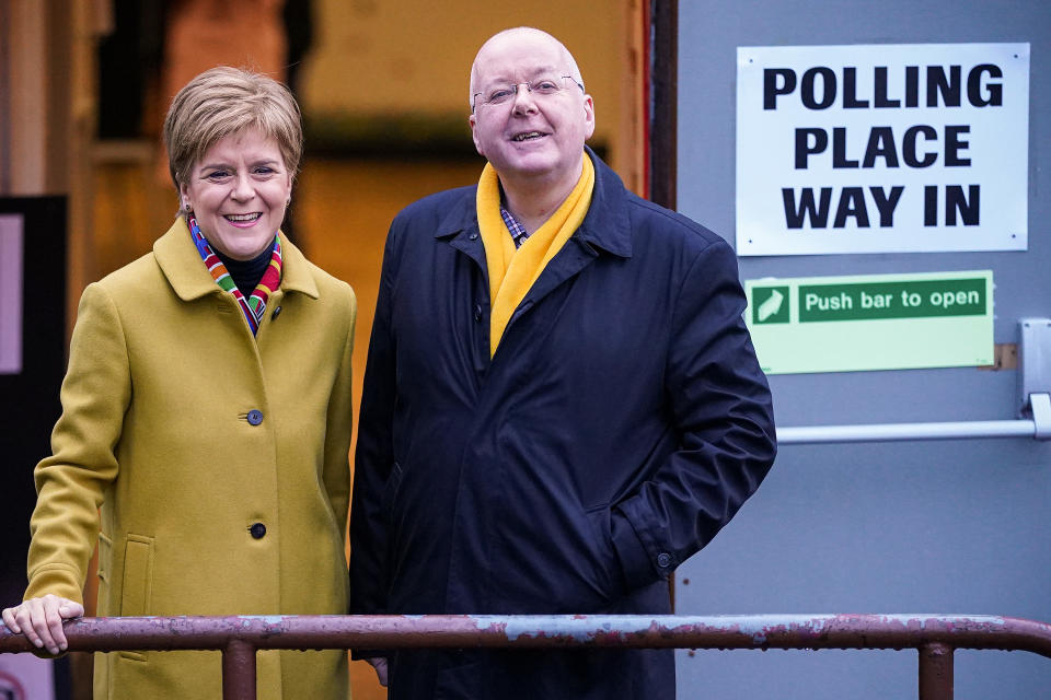 GLASGOW, UNITED KINGDOM - DECEMBER 12: First Minister of Scotland and leader of the SNP Nicola Sturgeon votes with her husband Peter Murrell at Broomhouse Community Hall in Ballieston on December 2019, in Glasgow, Scotland. The current Conservative Prime Minister Boris Johnson called the first UK winter election for nearly a century in an attempt to gain a working majority to break the parliamentary deadlock over Brexit. The election results from across the country are being counted overnight and an overall result is expected in the early hours of Friday morning. (Photo by Jeff J Mitchell/Getty Images)