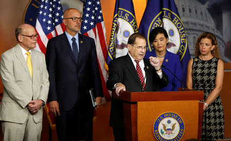 U.S. House Democrats Steve Cohen (D-TN), Ted Deutch (D-FL), Debbie Wasserman Schultz (D-FL), Jerrold Nadler (D-NY) and Judy Chu (D-CA) hold a news conference to ask the Justice Department to investigate the Trump Foundation's donations to Florida Attorney General Pam Bondi in Washington, U.S., September 14, 2016. REUTERS/Gary Cameron