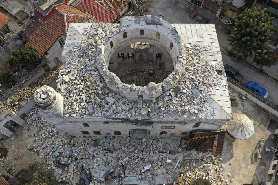 View of Sheikh Ali mosque which destroyed during the devastated earthquake, in the old city of Antakya, Turkey, Saturday, Feb. 11, 2023. Antakya, known as Antioch in ancient times, has been destroyed many times by earthquakes. It was destroyed yet again by an earthquake earlier this month, and residents are wondering if its ancient glories will ever come back. (AP Photo/Hussein Malla)