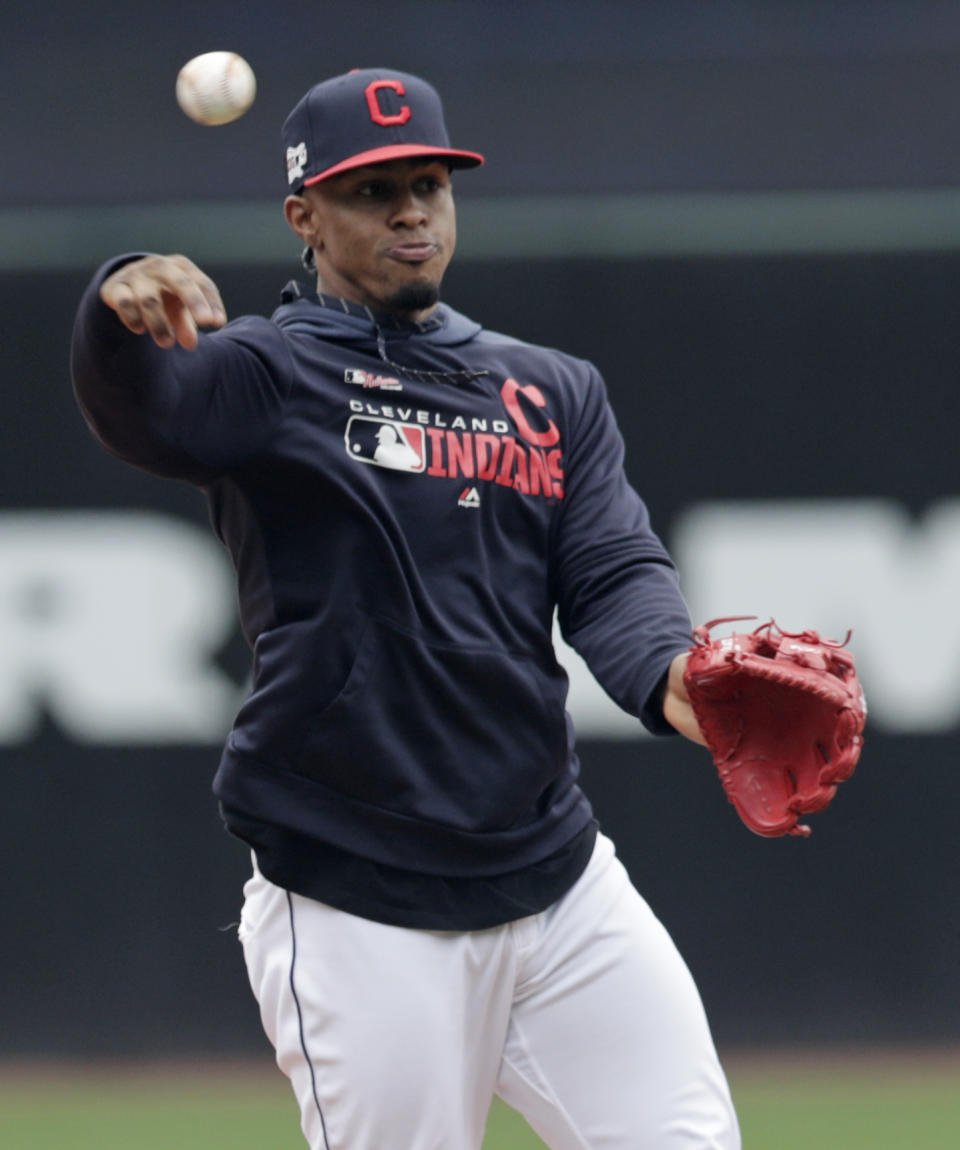 Cleveland Indians' Francisco Lindor throws to first base during batting practice before the first game of a baseball doubleheader against the Atlanta Braves, Saturday, April 20, 2019, in Cleveland. Lindor is back after missing the season's first 18 games. (AP Photo/Tony Dejak)