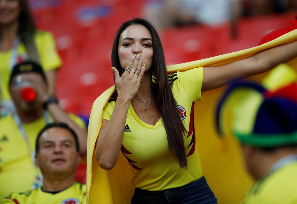 <p>A Colombia fan inside the stadium before the match REUTERS/Carl Recine </p>