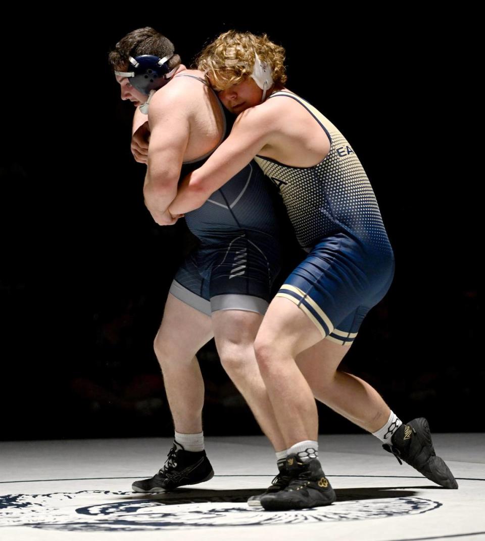 Bald Eagle Area’s Gage Gardner controls Penns Valley’s Landen Hess in the 285 lb bout of the match on Thursday, Jan. 24, 2024. Gardner won by decision, 4-2.