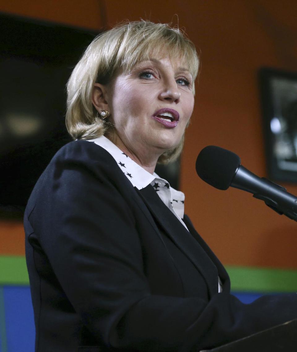 FILE - In this Tuesday, Jan. 17, 2017 file photo, Republican New Jersey Lt. Gov. Kim Guadagno addresses a gathering of supporters as she announces her candidacy for governor, in Keansburg, N.J. Governor's races this year in Virginia and New Jersey are unfolding in ways strikingly similar to the turbulent 2016 presidential campaign. Both races are wide open, with Republican Gov. Chris Christie in New Jersey and Democratic Gov. Terry McAuliffe in Virginia leaving office because of term limits. (AP Photo/Mel Evans, File)