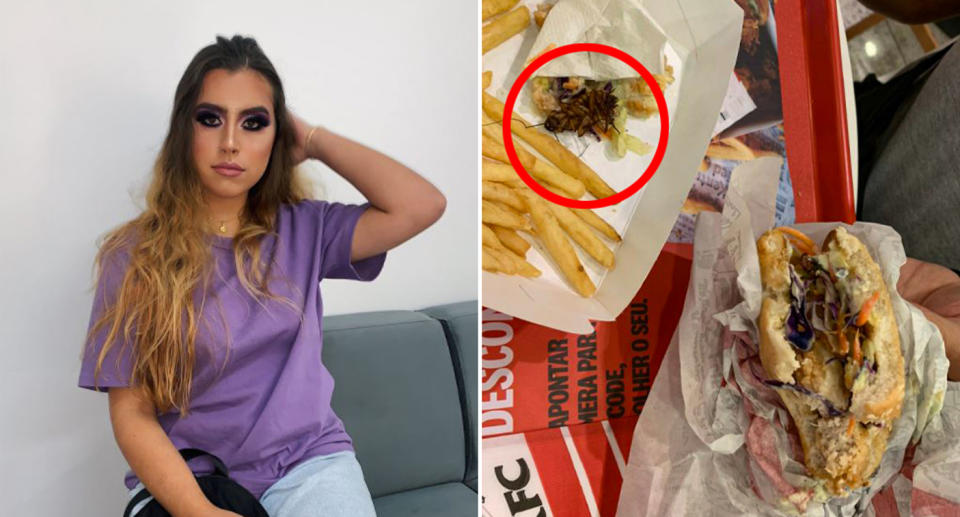 Carlo Felipe Sardo's niece Julia Penha is pictured left. On the right is a KFC burger with the cockroach lying beside some chips.