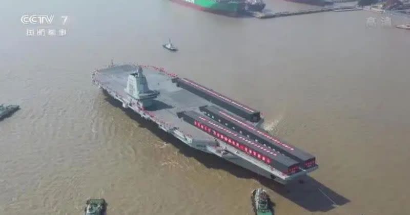 ▲中國第三艘航空母艦「福建號」展開首次海試。（資料照／央視新聞）