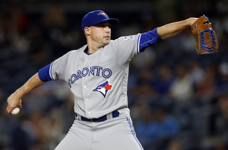 Toronto Blue Jays starter Aaron Sanchez delivers a pitch during the third inning of a baseball game against the New York Yankees on Tuesday, Sept. 6, 2016, in New York. (AP Photo/Adam Hunger)