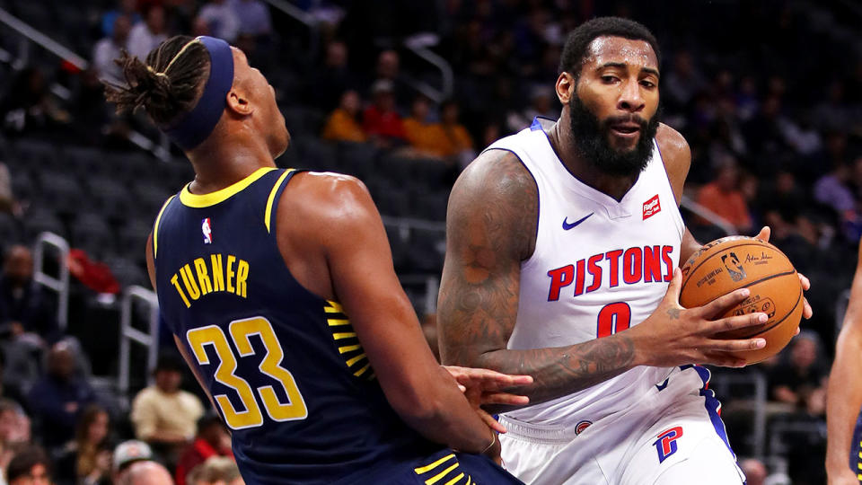 Seen here Andre Drummond drives the ball to the basket for the Detroit Pistons.