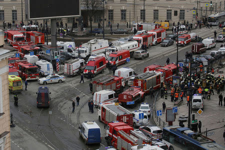 General view of emergency services attending the scene outside Sennaya Ploshchad metro station, following explosions in two train carriages in St. Petersburg, Russia April 3, 2017. REUTERS/Anton Vaganov