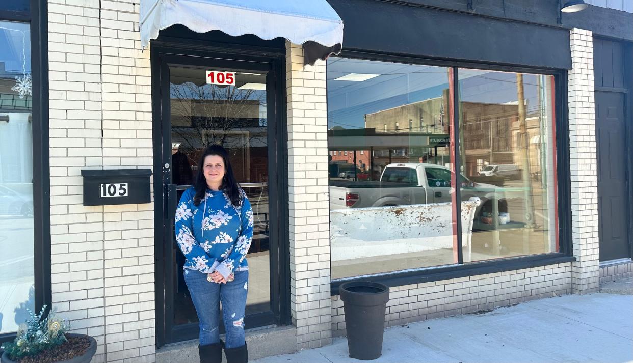 Photo by: Terra Konieczny Charlene Kehoe, founder of Start With Art” stands outside of her soon-to-be business front. The nonprofit is set to open in June 2024.  ]
