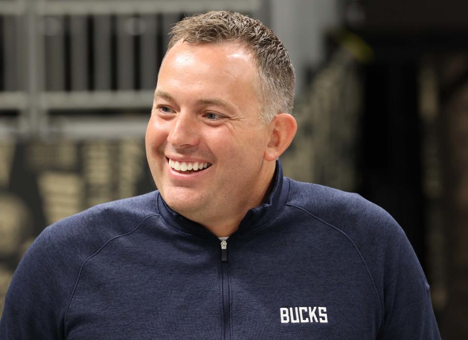 Milwaukee Bucks general manager Jon Horst, seen here on media day last year at Fiserv Forum, on Friday spoke publicly for the first time since the team was eliminated in the Eastern Conference semifinals.