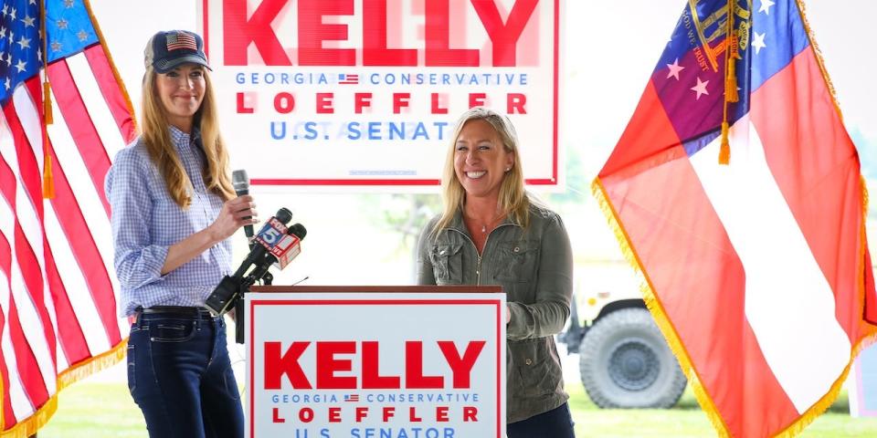 Georgia Republican House candidate Marjorie Taylor Greene holds a joint press conference with U.S. Sen. Kelly Loeffler (R-GA) during which Greene endorsed Loeffler on October 15, 2020 in Dallas, Georgia.