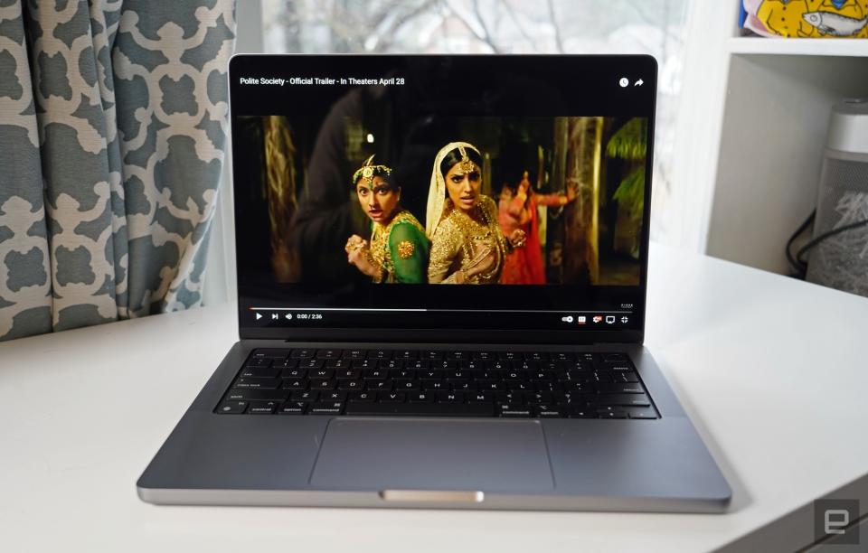 <p>MacBook Pro 14-inch (2022) playing the trailer for Polite Society</p>
