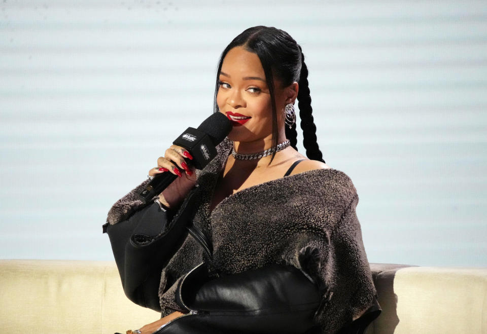 Rihanna speaks to Apple Music about the Super Bowl LVII Halftime Show, at the Phoenix Convention Center on Feb. 9, 2023 in Phoenix, Arizona. / Credit: Jeff Kravitz/FilmMagic via Getty Images