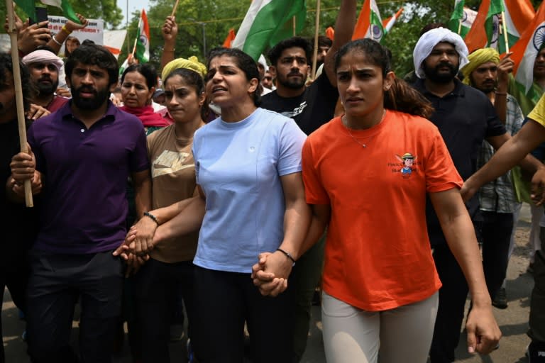 Bajrang Punia (left) joined wrestlers Vinesh Phogat, Sakshi Malik and Sangeeta Phogat on a protest march against the federation chief a year ago (Arun THAKUR)
