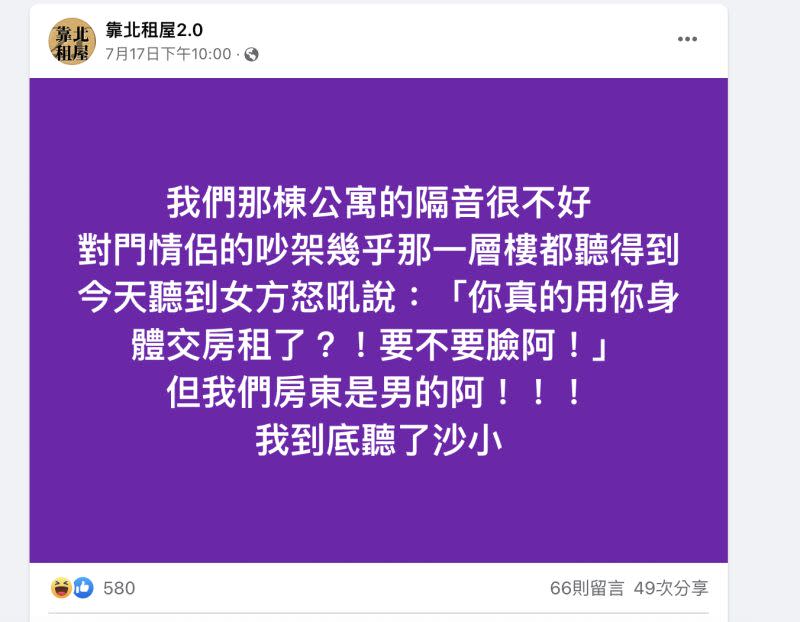 ▲網友表示住的公寓隔音不好，對門的情侶吵架總是整層樓都聽得到。（圖／翻攝自靠北租屋2.0）