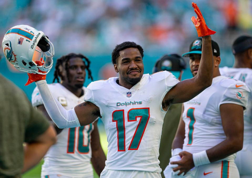 Miami Dolphins wide receiver Jaylen Waddle (17), celebrates as times runs out agains the Cleveland Brown during NFL action Sunday November 13, 2022 at Hard Rock Stadium in Miami Gardens.