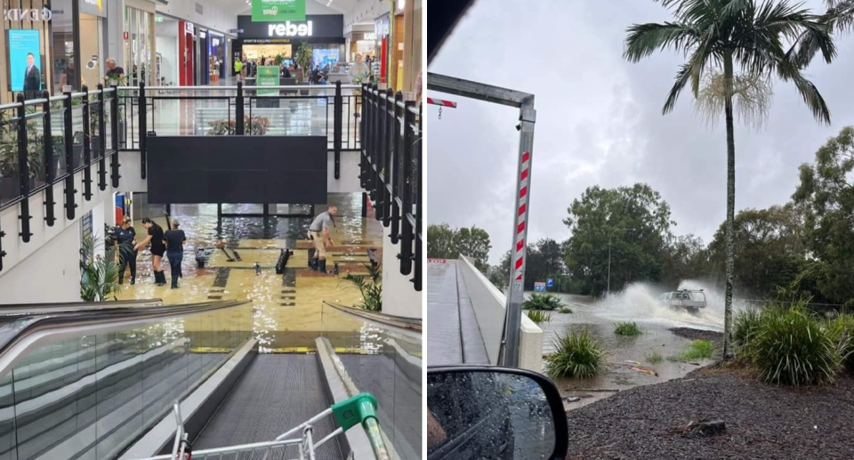 Left, escalators leading to lower levels at Morayfield Shopping Centre show the extent of the flooding. Right, a ute has flood watch splash up around it while the driver leaves the shopping centre. 