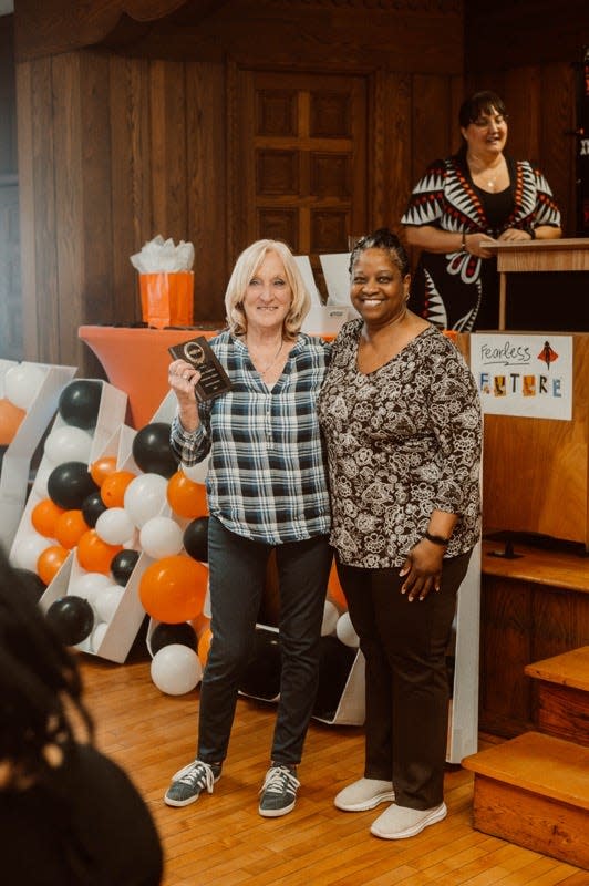 Pat Gates, left, of Alliance received the Fullmer Volunteer Leadership Award from the YWCA of Alliance on Saturday, April 13, 2024, at its 98th annual meeting. Here, she's standing with Renee Young of Alliance.
