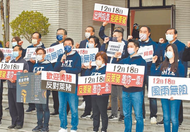 國民黨立法院黨團17日在議場前舉行「1218公投民主人民做主，4個都同意全部投下去」記者會，強調國民黨歡迎美豬但反對萊豬，並呼籲民眾風雨無阻前往投票所，對4項公投案投下同意票。（姚志平攝）