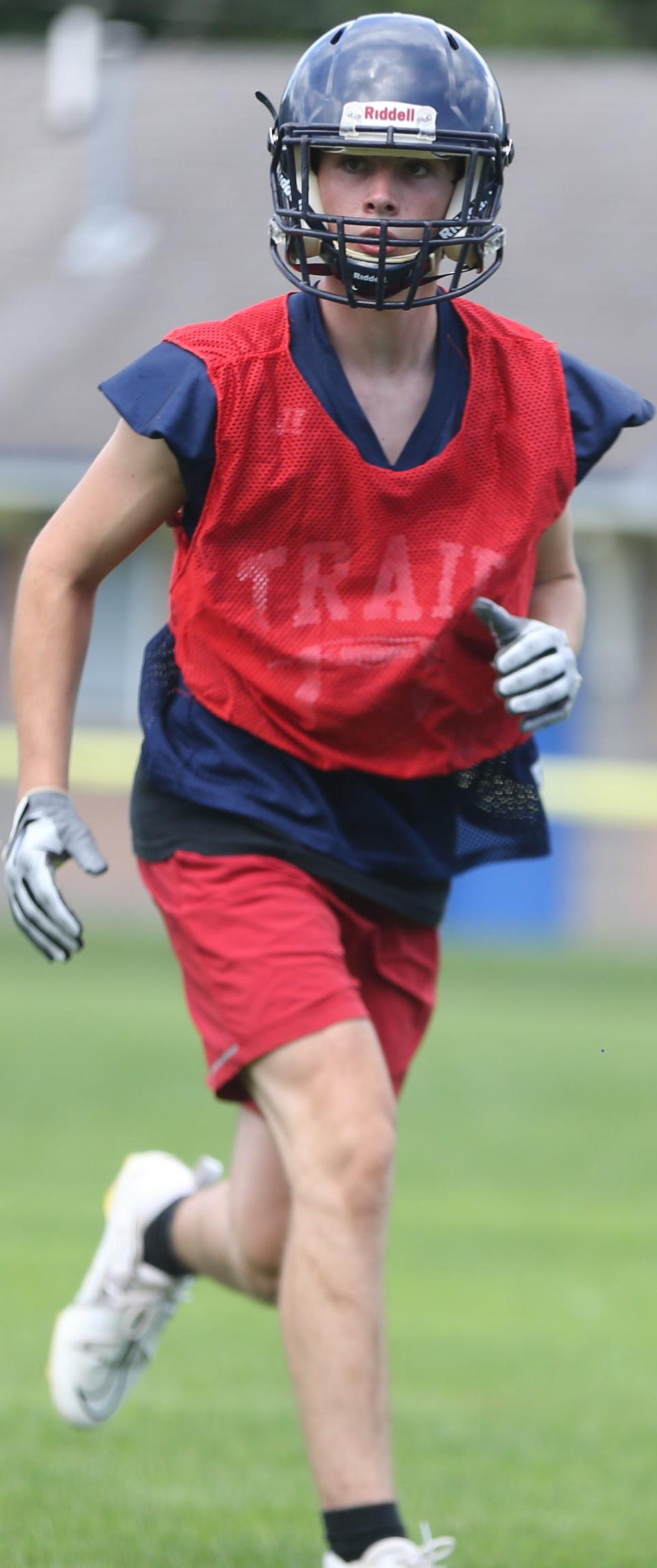 Traip Academy first-year player Phin Fifield, seen at the opening of practice Monday, Aug. 14, 2023, will be playing wide receiver for the Rangers this season.