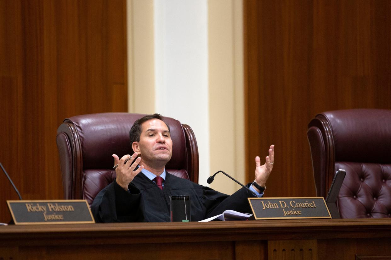 Florida Supreme Court Justice John Couriel listens to arguments on Wednesday, Dec. 7, 2022 in a case concerning Marsy's Law.