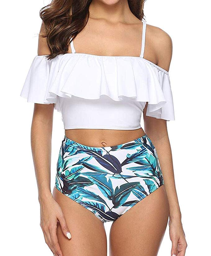 Ruffled Top High Waist Bottom Bikini Set in white and palm print.