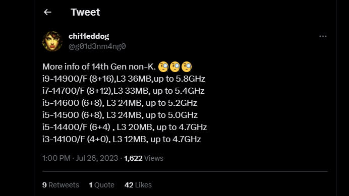 Rumoured Intel 14th Gen core counts and clock speeds