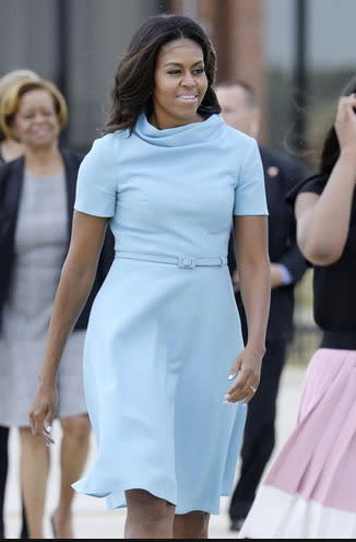 Michelle Obama in Carolina Herrera to greet the Pope at Joint Base Andrews in Maryland.