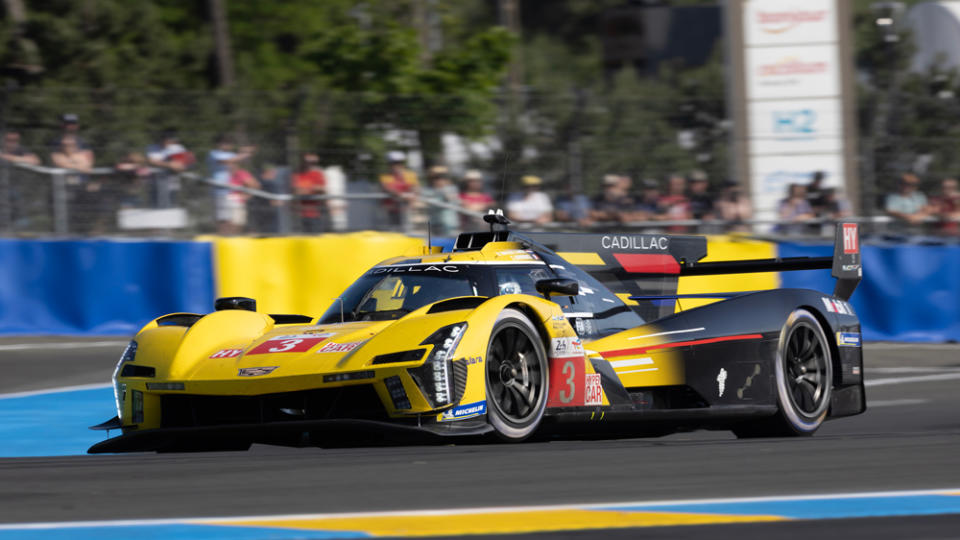 Car No. 3, among Cadillac's trio of V-Series R hypercars, on its way to a fourth-place finish overall at the 2023 24 Hours of Le Mans.