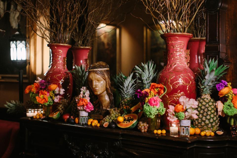Mantle by McQueens. Guests were particularly excited to discover that the guavas and kumquats were edible. It was the perfect tropical foil to the National Arts Club’s stylishly disordered Neo-Victorian vibe.