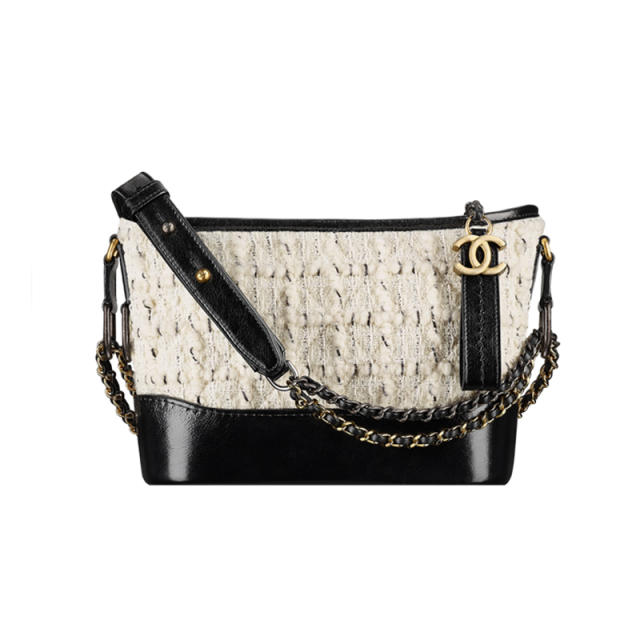 CHANEL Tweed Calfskin Quilted Small Gabrielle Hobo Ivory Black