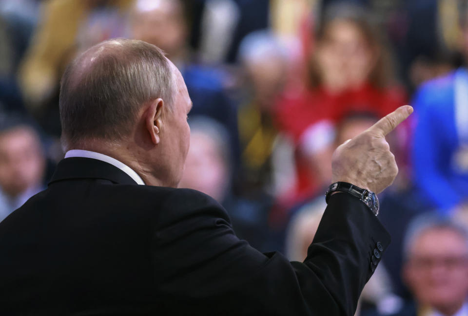 Russian President Vladimir Putin gestures during his annual news conference in Moscow, Russia, Thursday, Dec. 14, 2023. (Vladimir Gerdo, Sputnik, Kremlin Pool Photo via AP)