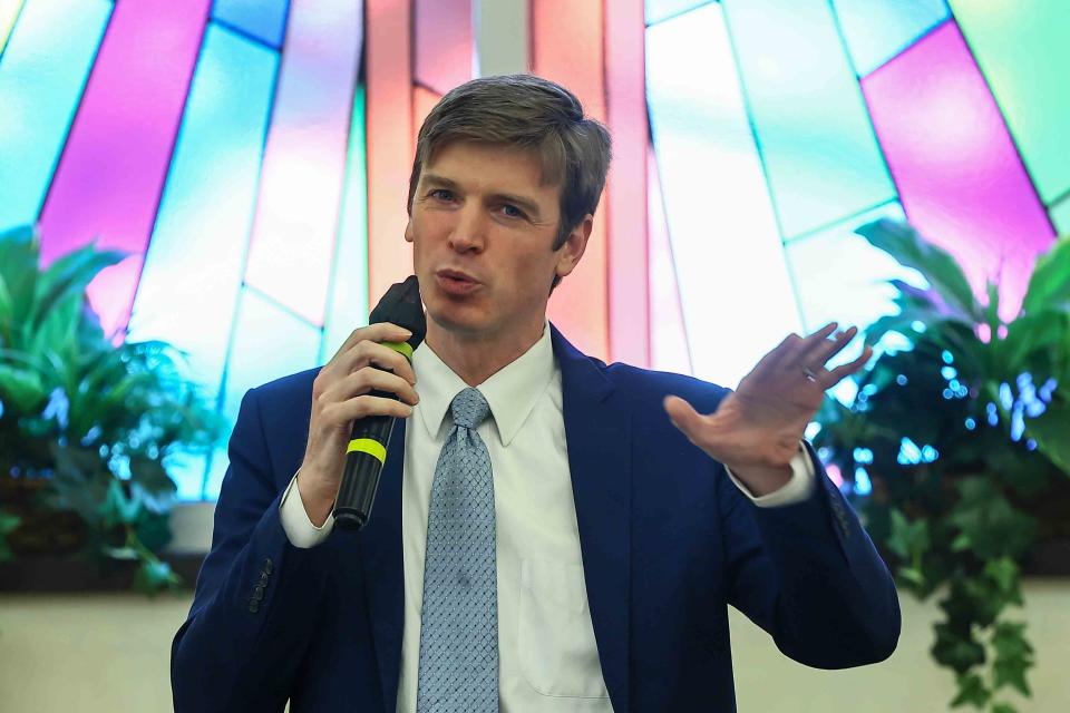 Delaware gubernatorial candidate former DNREC Secretary Collin O'Mara answers a question during the Metropolitan Wilmington Urban League debate on Monday, May 20, 2024, at Canaan Baptist Church in New Castle.