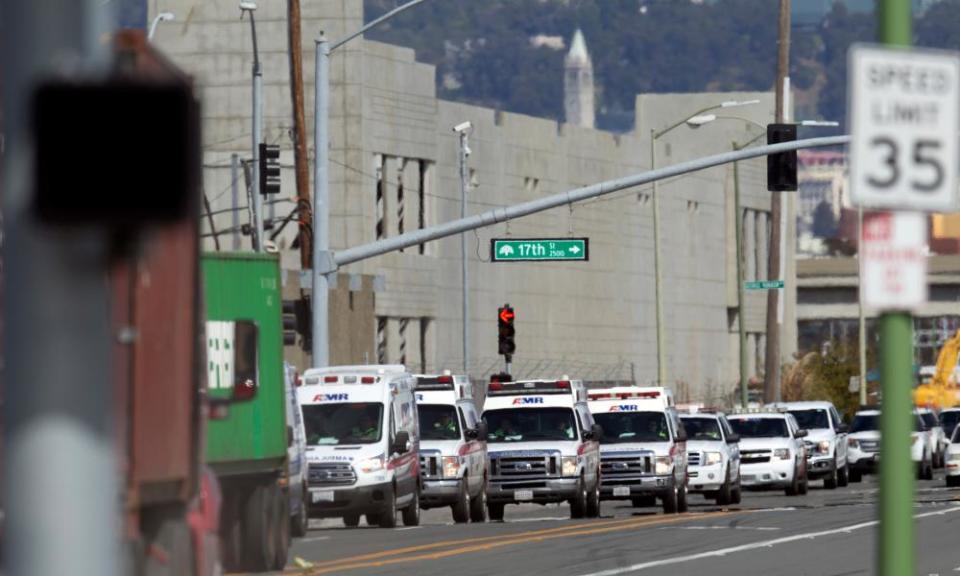 Queues of ambulances arrive to service the Grand Princess cruise ship at the Port of Oakland.