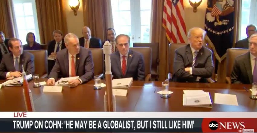 President Donald Trump at a cabinet meeting on Thursday called Gary Cohn a globalist, but added: "I still like him." (Photo: ABC News)
