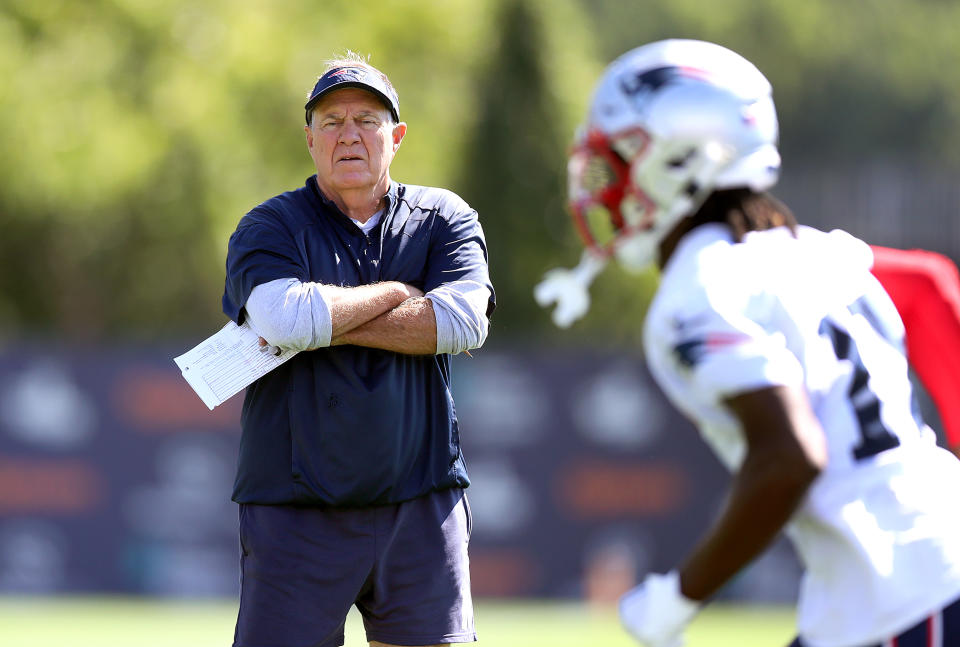 Foxborough, MA - July 27: Patriots head coach Bill Belichick watches a play during the New England Patriots first day of training camp on the practice fields behind Gillette Stadium. (Photo by John Tlumacki/The Boston Globe via Getty Images)