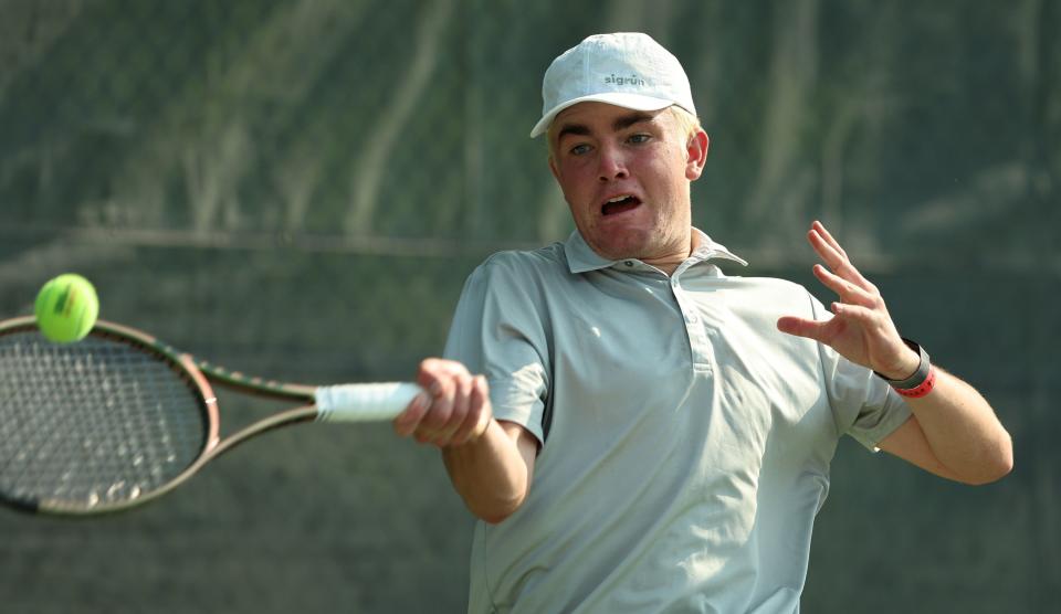 Corner Canyon’s Alex Fuchs returns a ball as he and Skyridge’s Calvin Armstrong play in the high school 6A boys state tennis championships at Liberty Park Tennis in Salt Lake City on Saturday, May 20, 2023. | Scott G Winterton, Deseret News