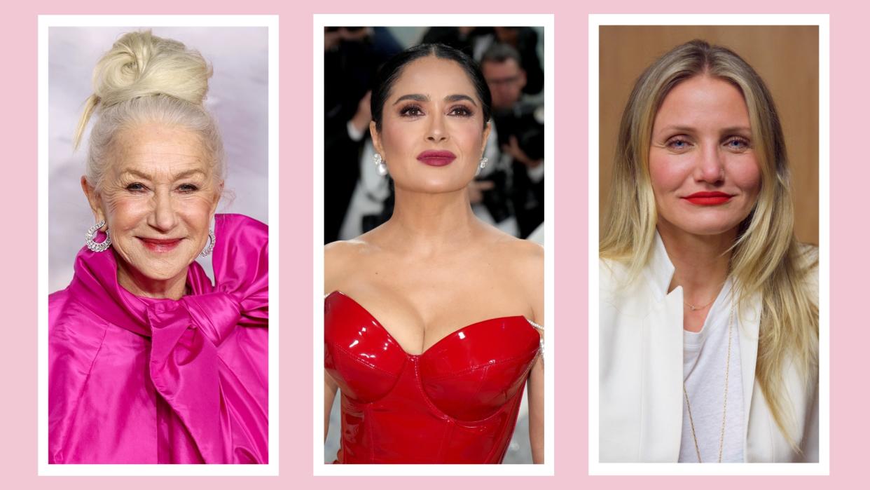  Helen Mirren, Salma Hayek and Cameron Diaz pictured with bold lipstick looks / in a pink three-picture template. 