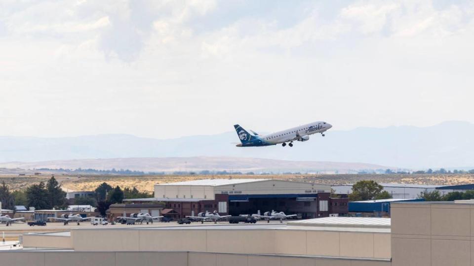 An Alaska Airlines plane takes off from the Boise Airport, Tuesday, August 22, 2023.