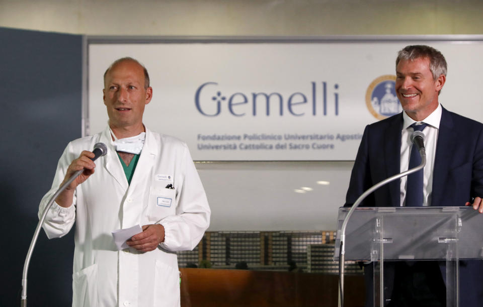 Surgeon Sergio Alfieri, left, speaks to reporters about Pope Francis' health conditions after operating on him at Rome's Agostino Gemelli University Polyclinic, Wednesday, June 7, 2023. Pope Francis underwent surgery Wednesday to repair a hernia in his abdominal wall, the latest malady to befall the 86-year-old pontiff who had part of his colon removed two years ago. At right, Pope's spokesperson Matteo Bruni.(AP Photo/Riccardo De Luca)