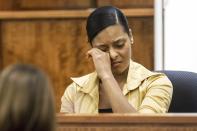 Shaneah Jenkins testifies during the murder trial of former New England Patriots tight end Aaron Hernandez at Bristol County Superior Court in Fall River, Massachusetts February 3, 2015. Hernandez is accused of murdering semi-professional football player Odin Lloyd in June, 2013. Hernandez has also has been accused of killing two men outside a Boston nightclub in 2012 following a dispute over a spilled drink. REUTERS/Aram Boghosian/The Boston Globe/Pool (UNITED STATES - Tags: CRIME LAW SPORT)