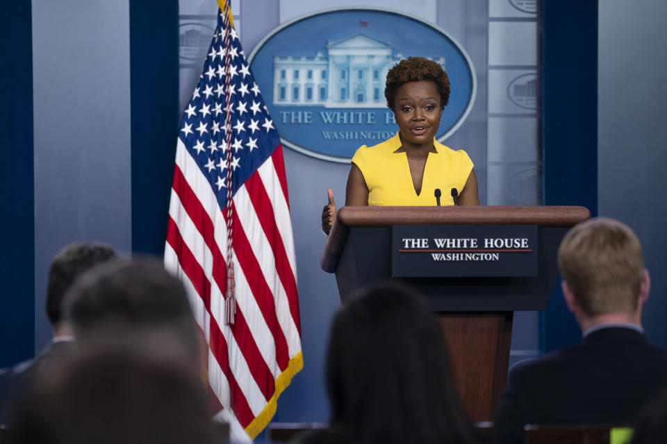 White House deputy press secretary Karine Jean-Pierre speaks during a press briefing at the White House, Wednesday, May 26, 2021, in Washington. (AP Photo/Evan Vucci)