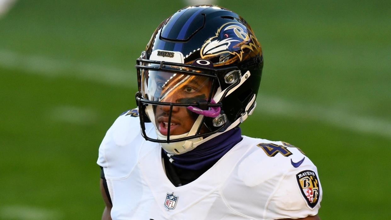 Mandatory Credit: Photo by Don Wright/AP/Shutterstock (11091132py)Baltimore Ravens cornerback Marlon Humphrey (44) warms up before an NFL football game against the Pittsburgh Steelers, in PittsburghRavens Steelers Football, Pittsburgh, United States - 02 Dec 2020.