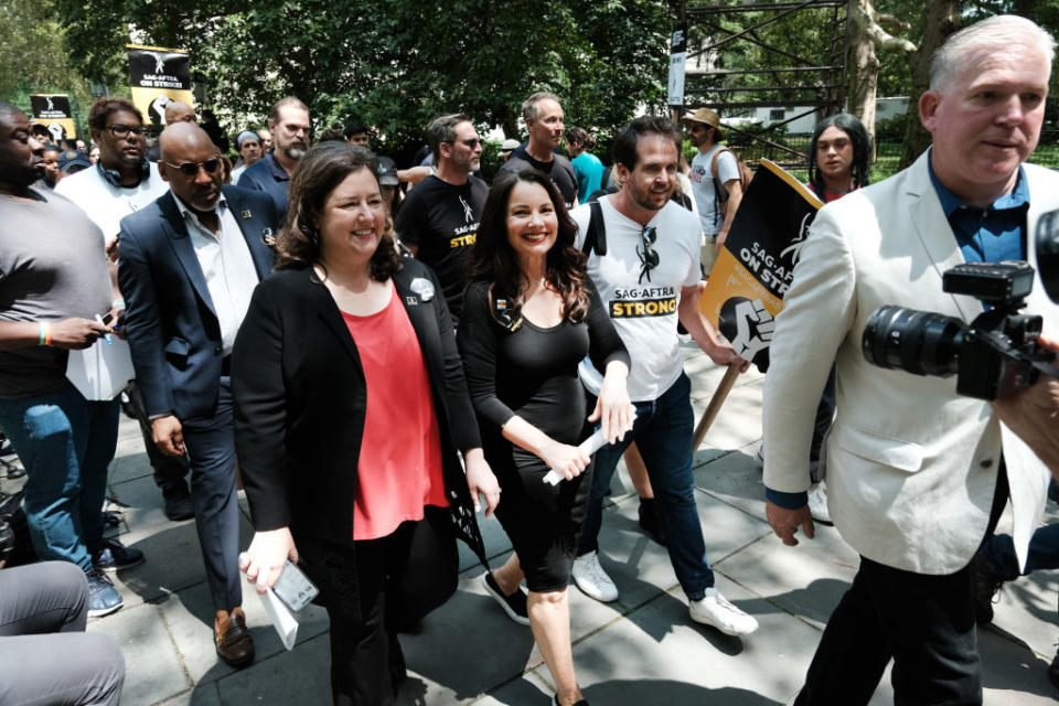 NEW YORK, NEW YORK - AUGUST 01:  SAG-AFTRA President Fran Drescher joins picketers at New York City Hall on Tuesday as members of the actors SAG-AFTRA union continue to walk the picket line with screenwriters outside of major studios across the country on August 01, 2023 in New York City. Drescher spoke ahead of a New York City Council hearing for resolutions backing the striking actors and writers. Members of SAG-AFTRA, Hollywood’s largest union which represents actors and other media professionals, joined striking WGA (Writers Guild of America) workers in the first joint walkout against the studios since 1960.  (Photo by Spencer Platt/Getty Images)