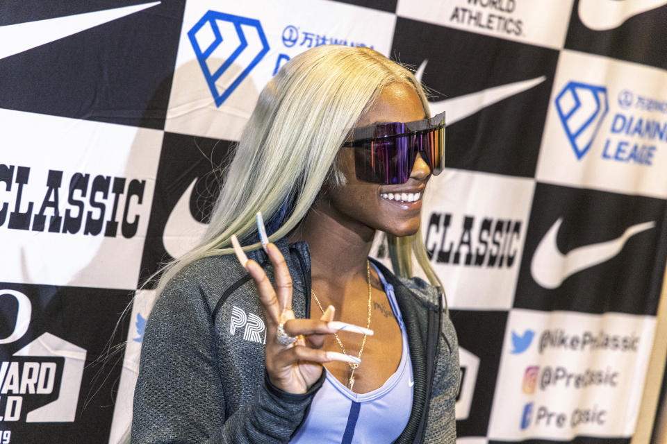 Sha'carri Richardson attends a news conference Friday, Aug. 20, 2021, a day before competing in the 100 meters at the Pre Classic track and field meet in Eugene, Ore. (AP Photo/Thomas Boyd)