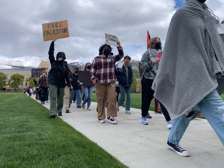 Students at Utah State University hold a pro-Palestine sit-in on May 1, 2024. The USU demonstration took place days after students and community members were arrested at University of Utah demonstrations. (KTVX/Kade Garner)