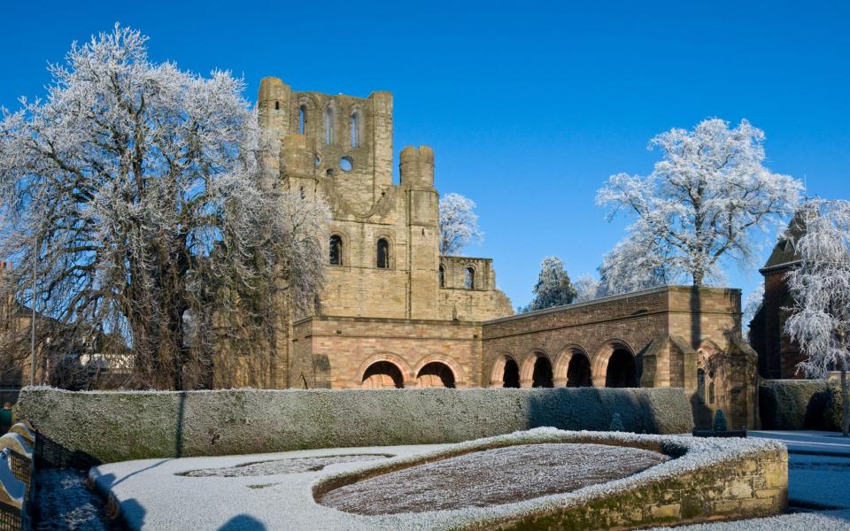 Kelso Abbey Scotland in midwinter frost or rime