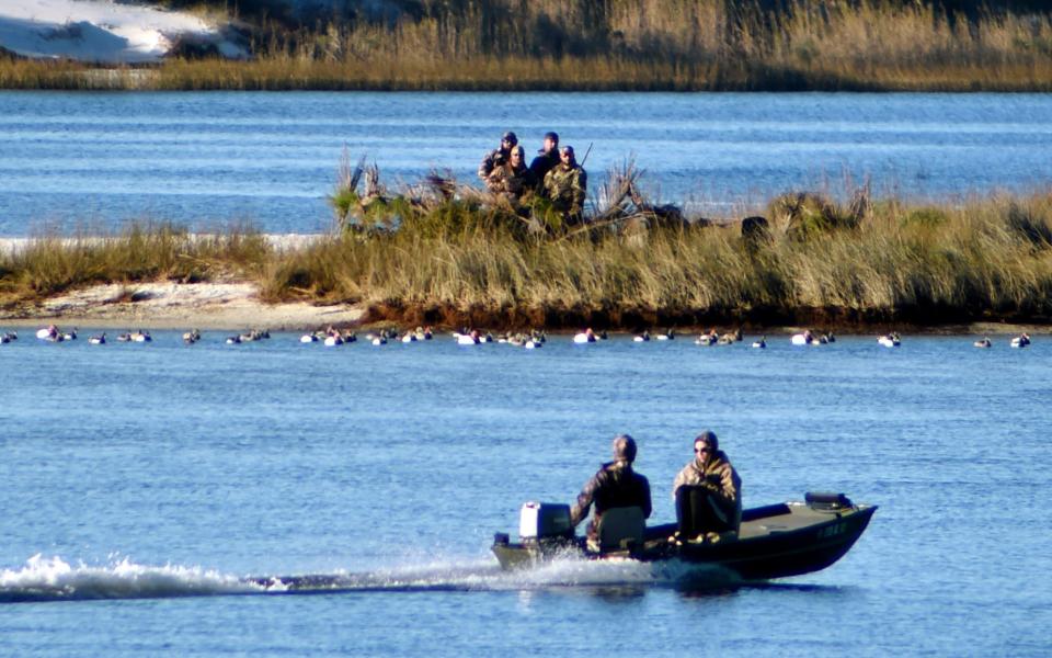 Duck hunters sit on one of the spoil islands in Santa Rosa Sound near Mary Esther as they watch over their decoys. City officials hope to arrange a meeting with state Rep. Patt Maney after a part-time resident raised concerns about hunting in the area.