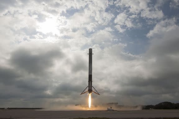 A Falcon 9 rocket first stage landing.