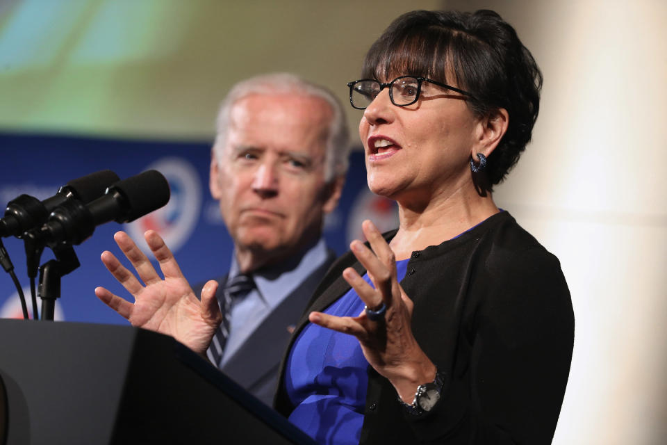 WASHINGTON, DC - JULY 13:  U.S. Commerce Secretary Penny Pritzker (R) introduces Vice President Joe Biden during a U.S.-Ukraine business forum at the U.S. Chamber of Commerce July 13, 2015 in Washington, DC. The conference, titled 'U.S.-Ukraine Business Forum: Choices for Growth,' brought together business leaders from the two countries for high-level talks aiming to advance the Ukrainian economy.  (Photo by Chip Somodevilla/Getty Images)